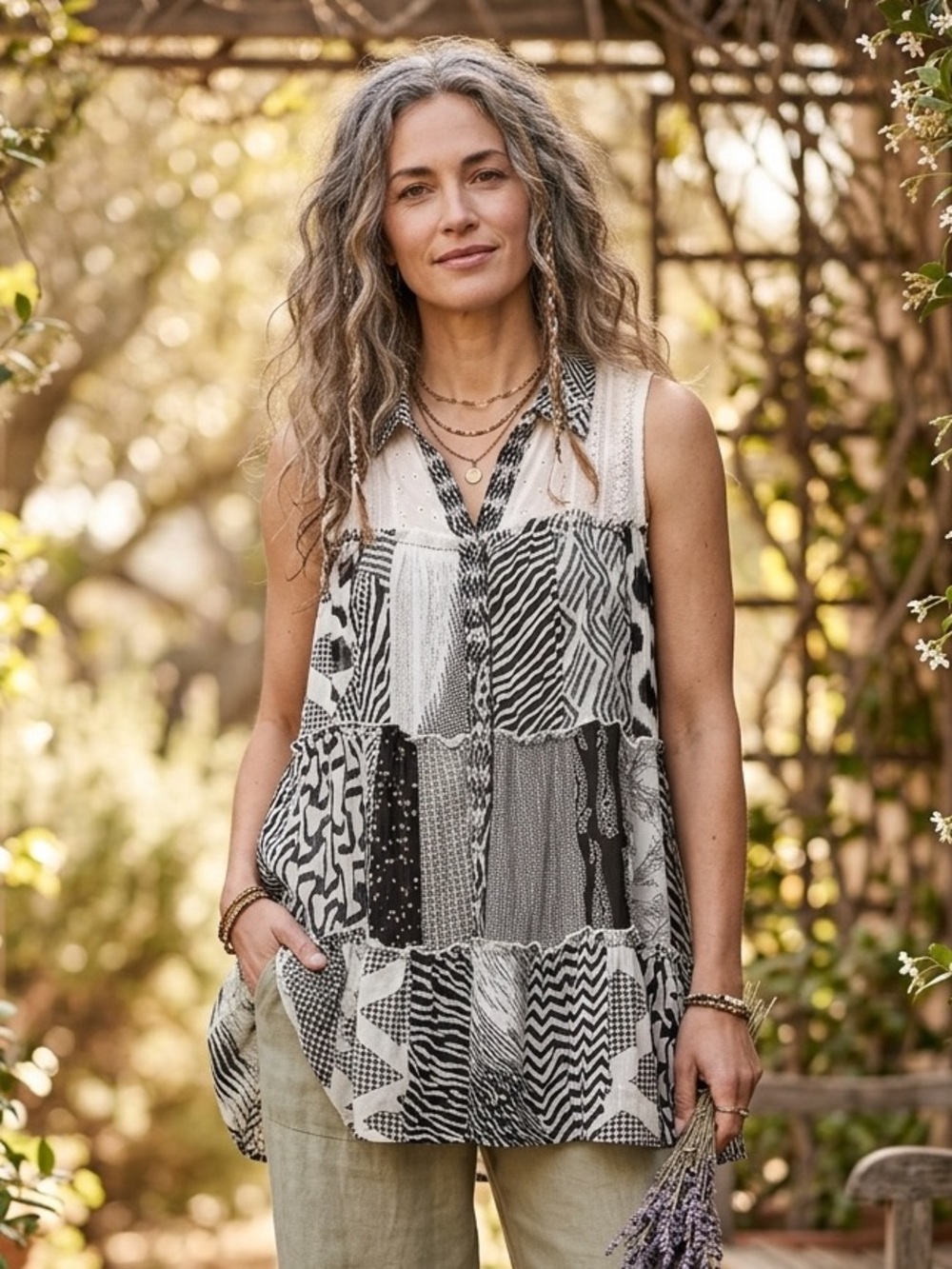 Sleeveless Patchwork V-Neck Blouse in Black & White